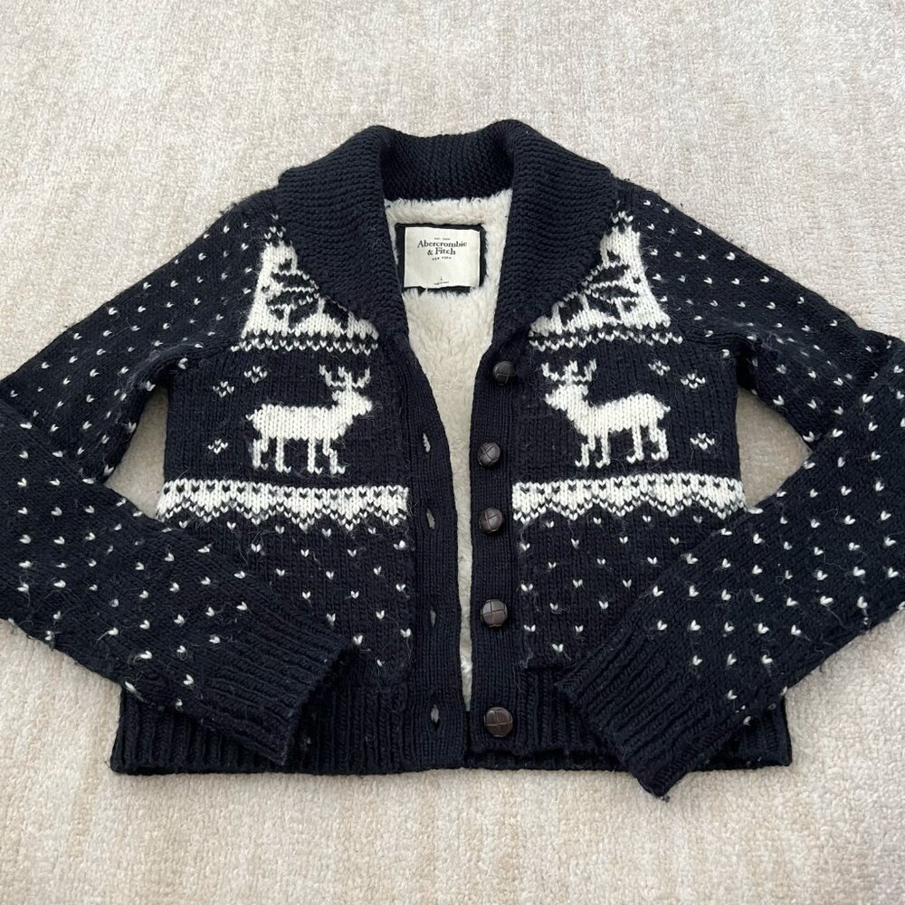 Abercrombie & Fitch Snowflake Fair Isle Faux Fur Cardigan Blue Wool Sweater L ❄️